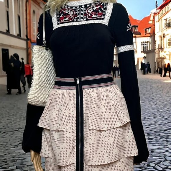 BCBGeneration Beige Pink Black Layered Printed Elastic Waist Zipper Mini Skirt S - Picture 2 of 9